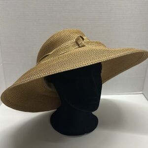 Eric Javits Hat Floppy Sun Shade Classic Straw Bow Ribbon Round Tan Brown 4.75"
